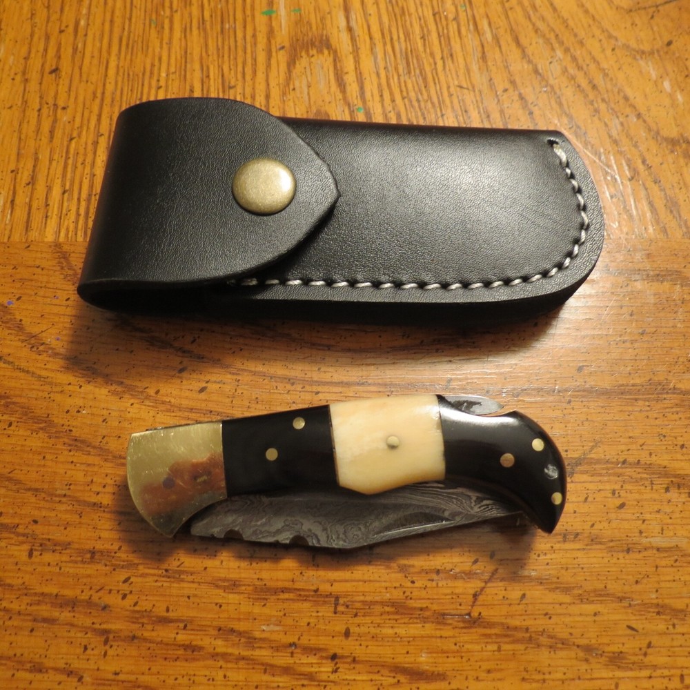 Damascus folding blade knife w/ two tone bone handle & leather sheath hand made