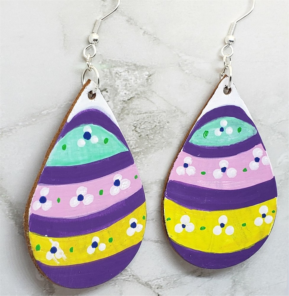 Easter Egg Tear Drop Shaped Real Leather Earrings