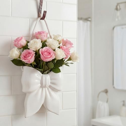 Boho Wall Vase for Flowers Butterfly Bow Wall Planter Ceramic Bow Hanging White
