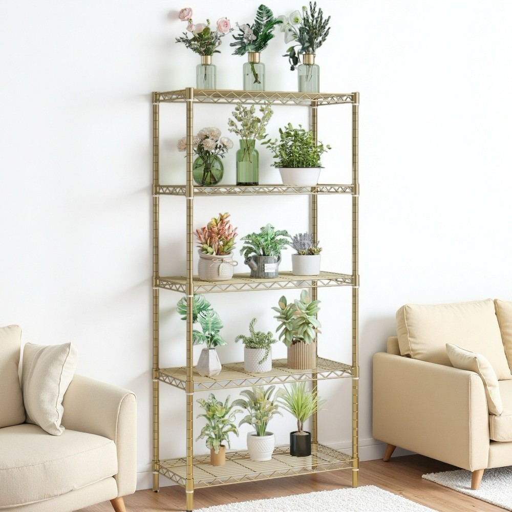 5-Tier Wire Shelving Unit - Heavy Duty, Adjustable, Gloss Gold & Modular