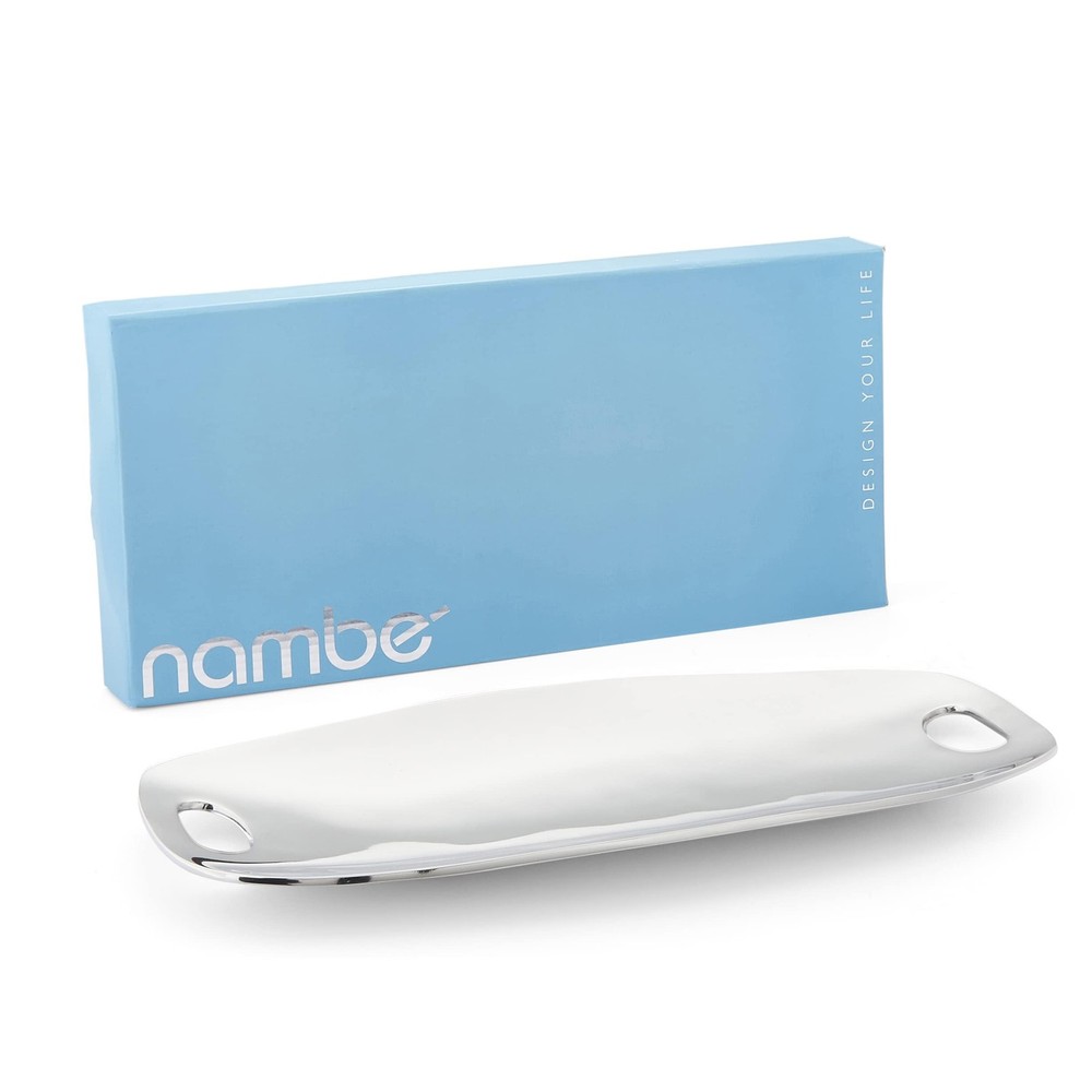 Nambé Handled Tray - Modern Rectangular Serving Platter with Curved Sides & Cut-