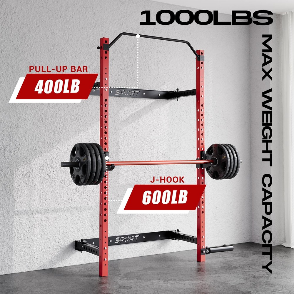 Multi-Function Folding Squat Rack 1000LBS Capacity Wall Mounted with Pull Up Bar