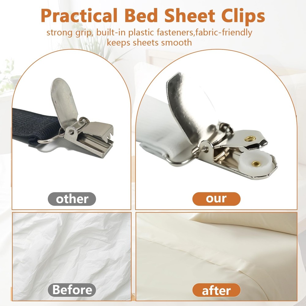 4 Pack Adjustable Bed Sheet Straps with Metal Clips Elastic Fitted Sheet Holders