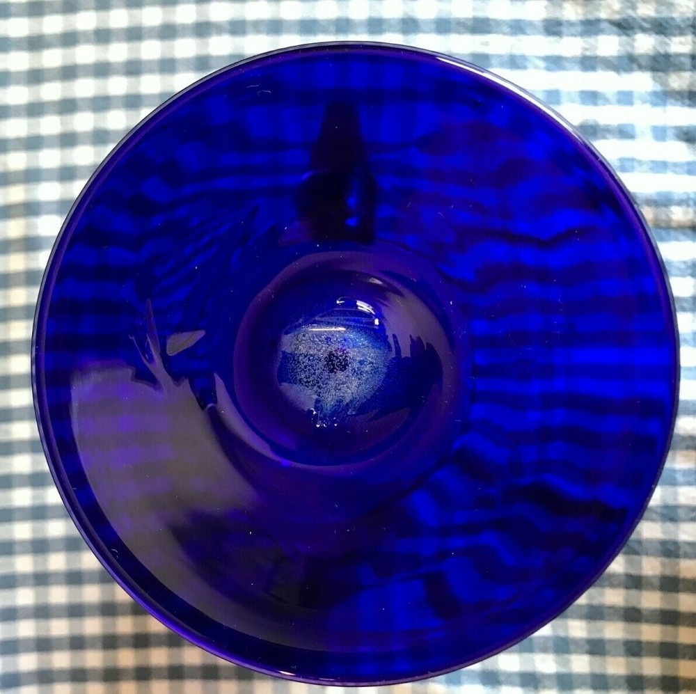 HAND BLOWN BUBBLE GLASS ~ COBALT BLUE FOOTED WATER PITCHER ~ FUSED HANDLE ~