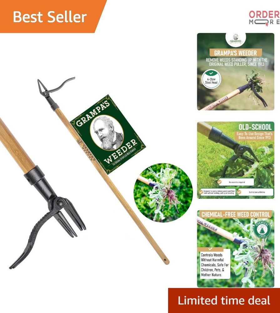 Garden Weed Puller Tool Bamboo Handle 46in Long 4-Claw Steel Head