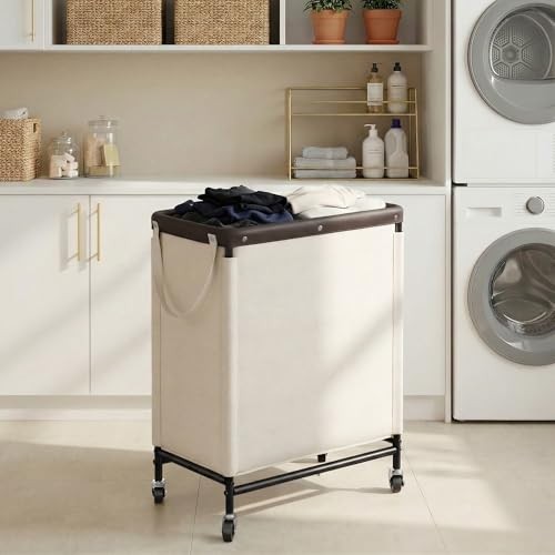 2 Section Laundry Hamper, Rolling Laundry Cart with 100L(2-Section) Beige