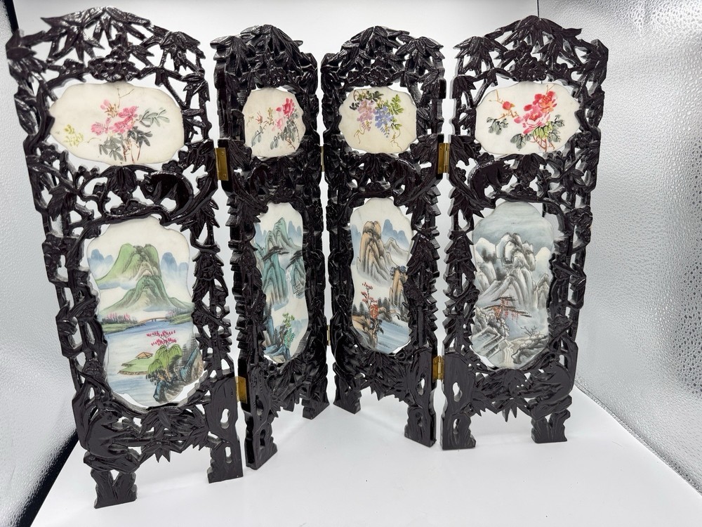 Chinese Mini Folding Screen with Porcelain Panels – Hand Painted, 4-Panel