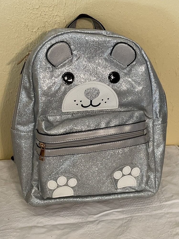 NWT Olivia Miller Silver Sparkly Kids Bear Backpack - Zip Pocket In Front