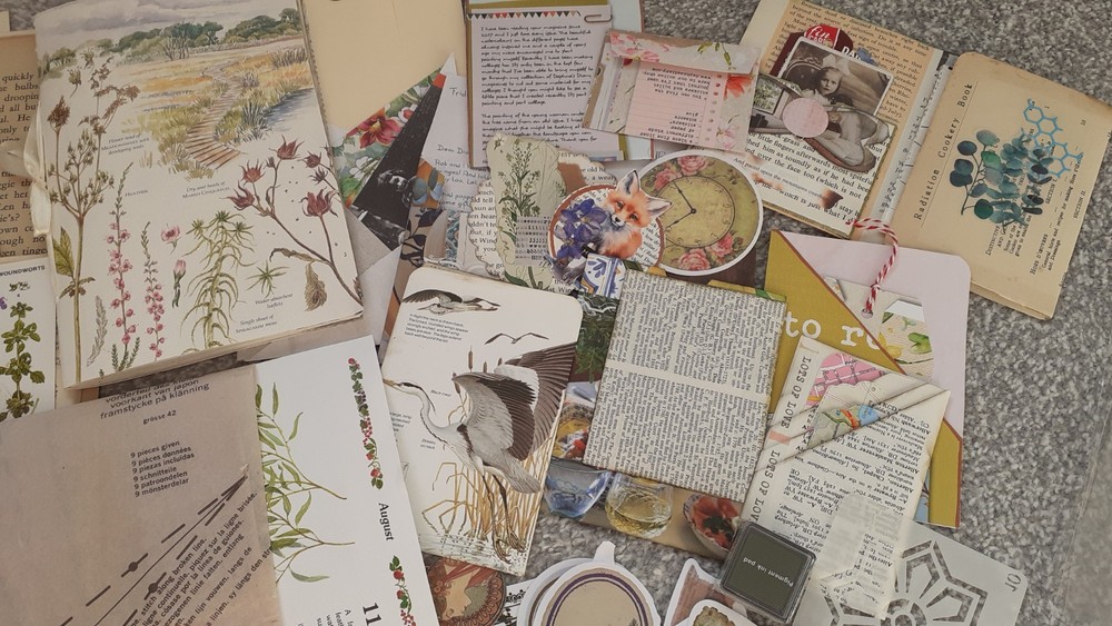 150pc junk journal kit with handmade junk journal, ephemera bundle.