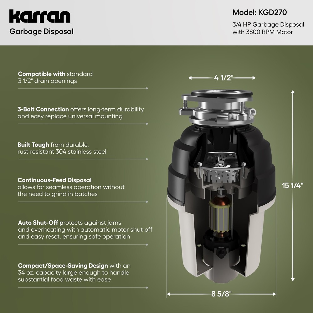 Karran USA KGD270 3/4 HP Continuous Garbage Disposal