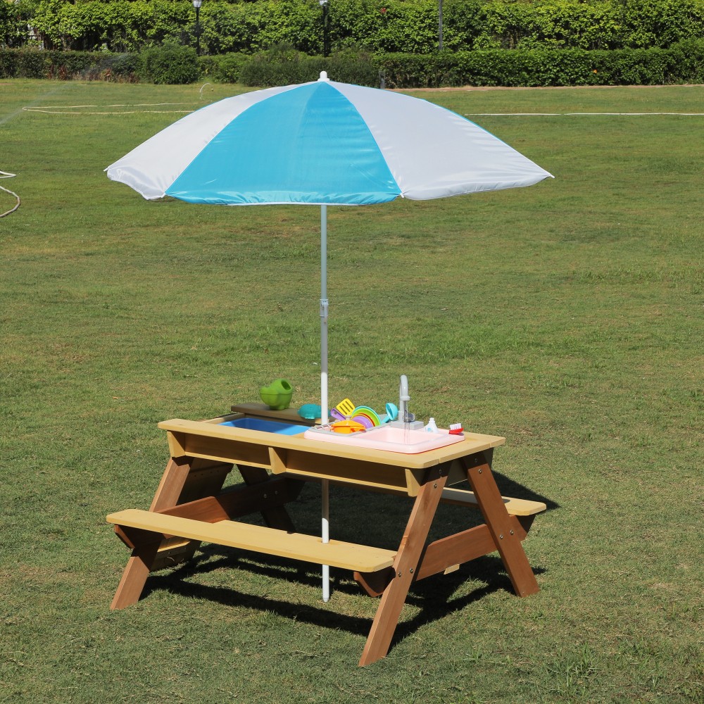 Kids Sand & Water Activity Table with Umbrella, Convertible Picnic Table
