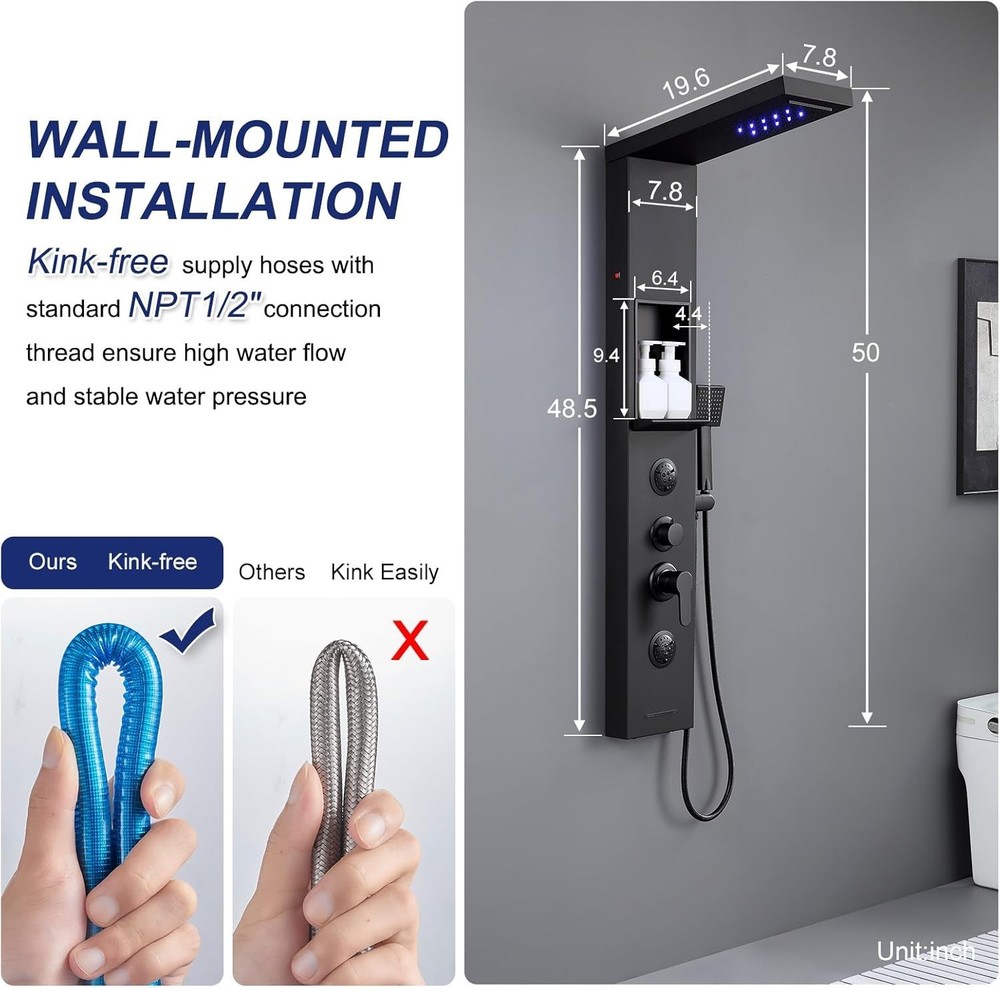 ROVATE Matte Black LED Rainfall Waterfall Shower Panel Tower System with Shelf -