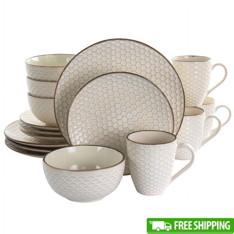 16 Piece Stoneware Dinnerware Set Honeycomb Dishwasher Microwave Safe Service 4