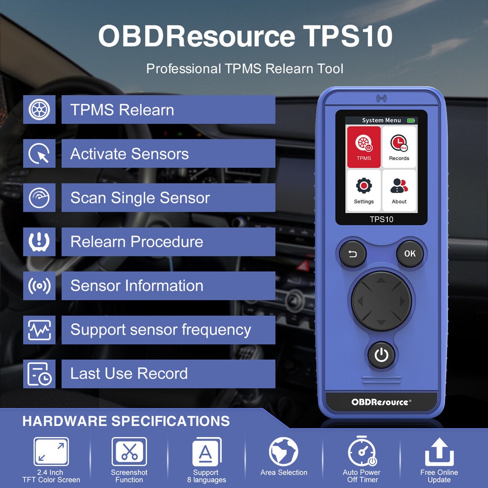 2024 TPS10 TPMS Relearn Tool Auto Tire Pressure Sensor Activate TPMS Reset Tool