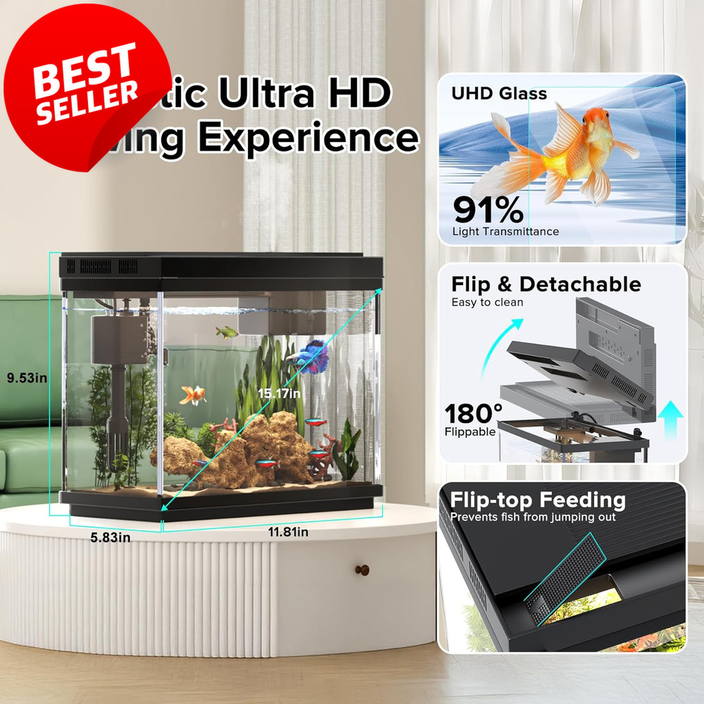 2.4 Gallon Fish Tank Starter Kit LED Temp Display Filter Pump Quiet - US