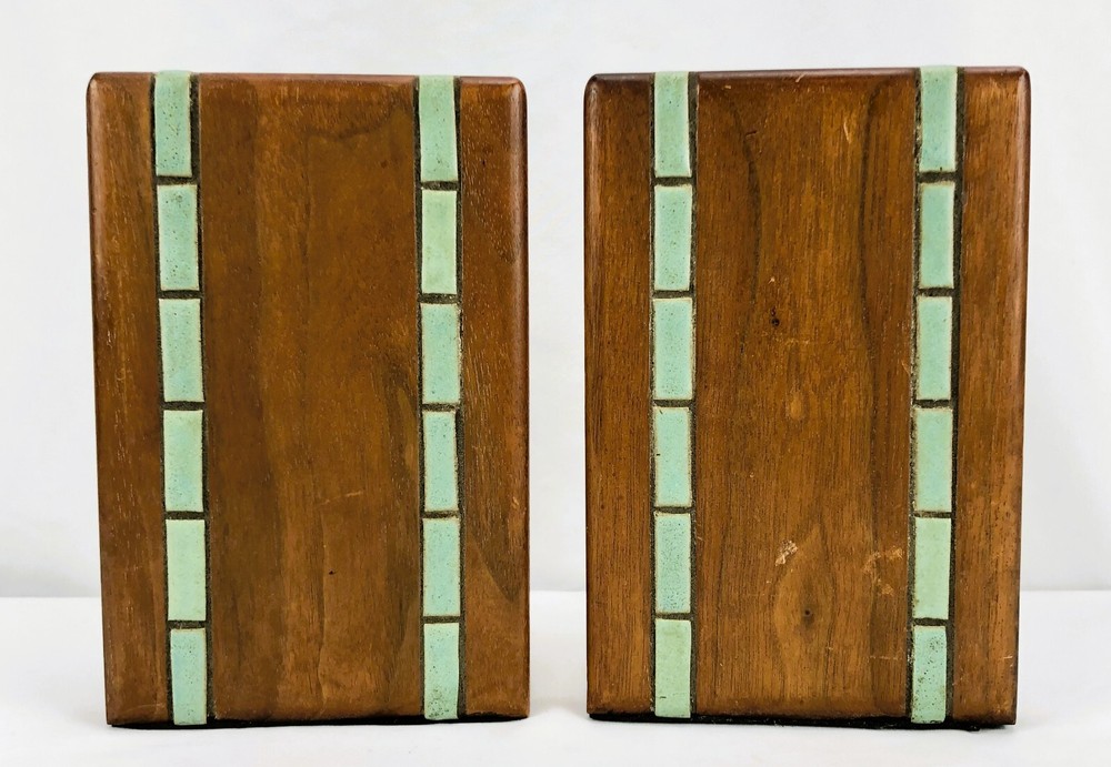 Vintage Marshall Studios Ceramic Tile Walnut Bookends Jane & Gordon Martz MCM