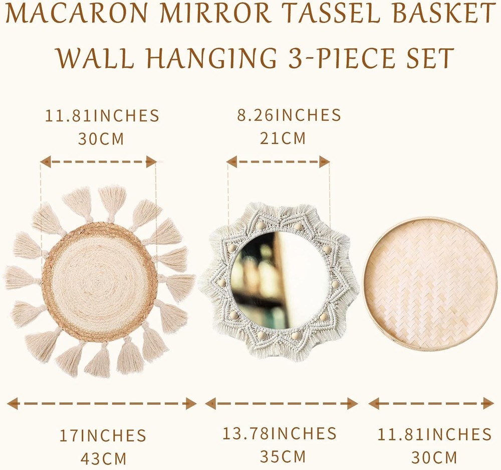 Boho Wall Basket Decor Set - Flat Woven Macrame Tapestry, Mirror White Round Tas