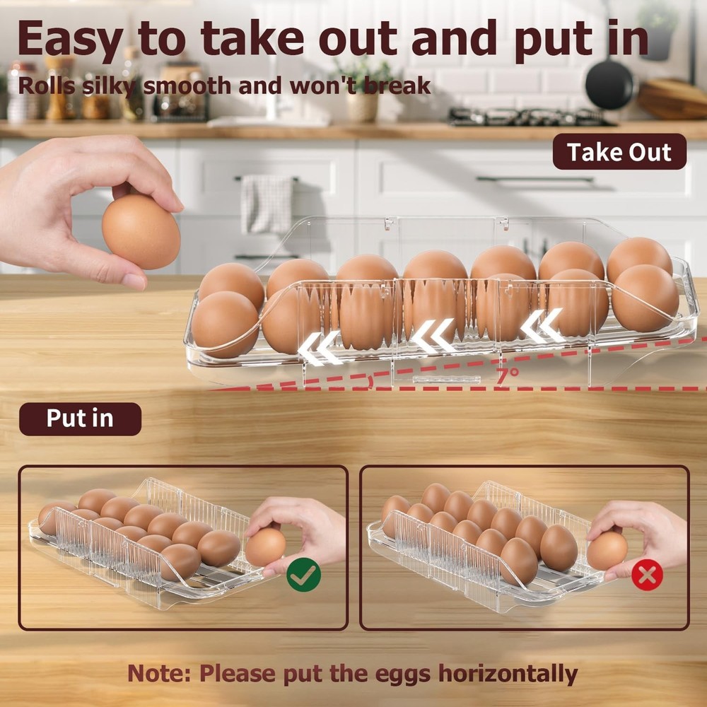 Automatic Rolling Egg Holder for Fridge, Clear 2 Row 3 layers (42 Eggs)
