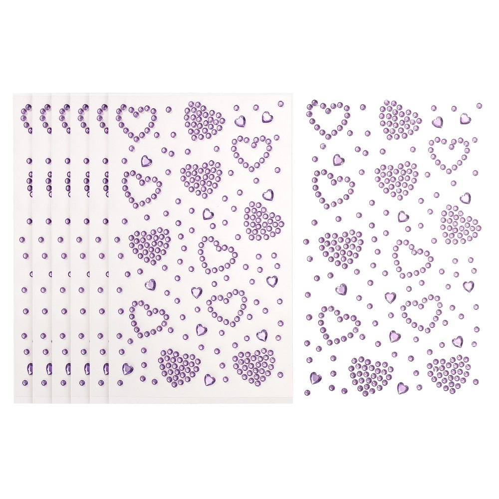 6Sheets Heart Gem Sticker, Face Gem Stickers, Purple