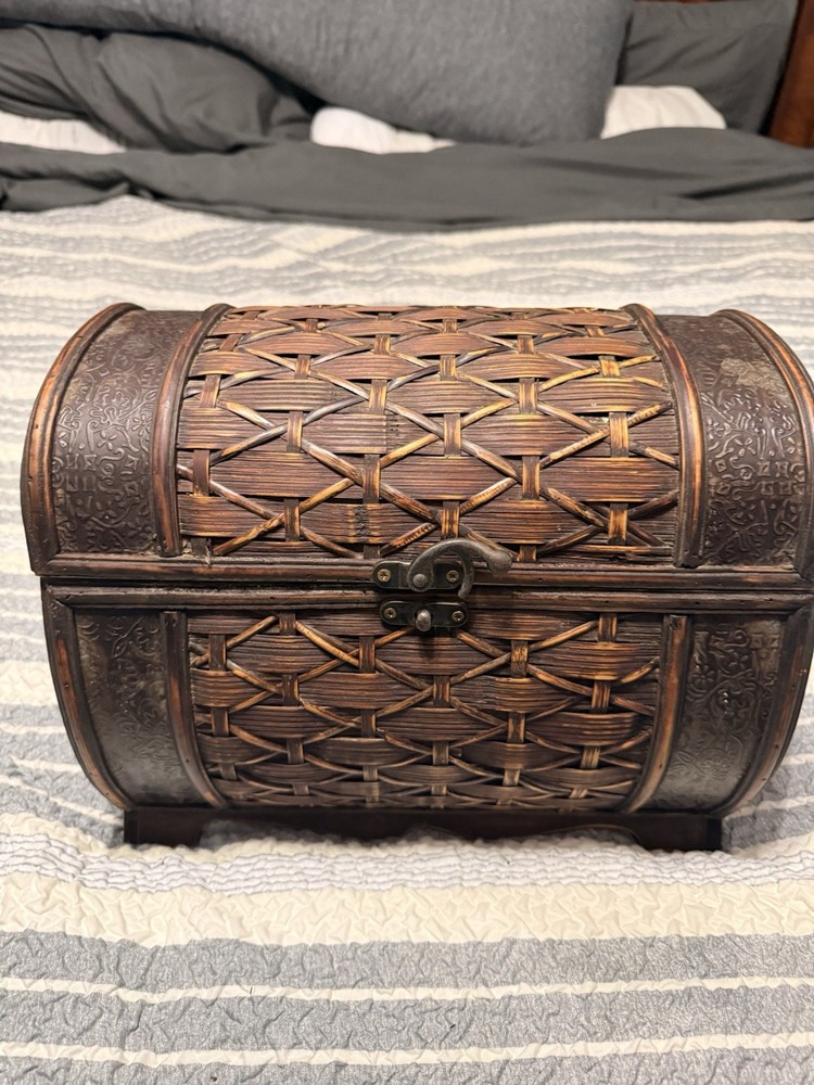 Vintage Bamboo Wicker Weaved Chest, Medium 15” X 12”