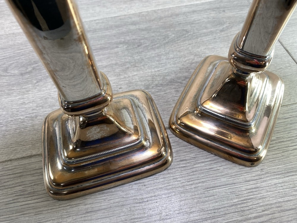 Pair 19th c. Old Sheffield Silver Plate on Copper Telescoping Candlesticks