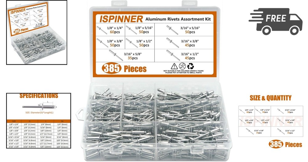 Aluminum Rivets Assortment Kit Pop Rivets 8 Sizes Silver Durable Strong