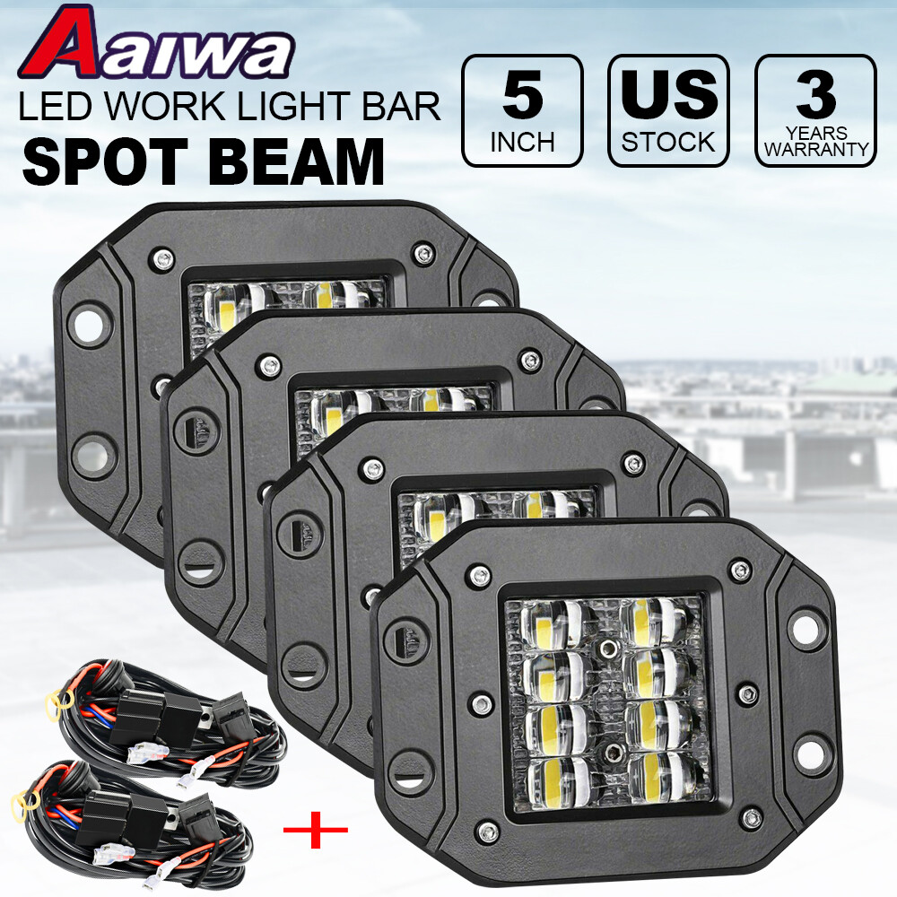 4x 5" Flush Mount LED Work Lights Cube Pods Offroad Driving Backup Reverse+ Wire