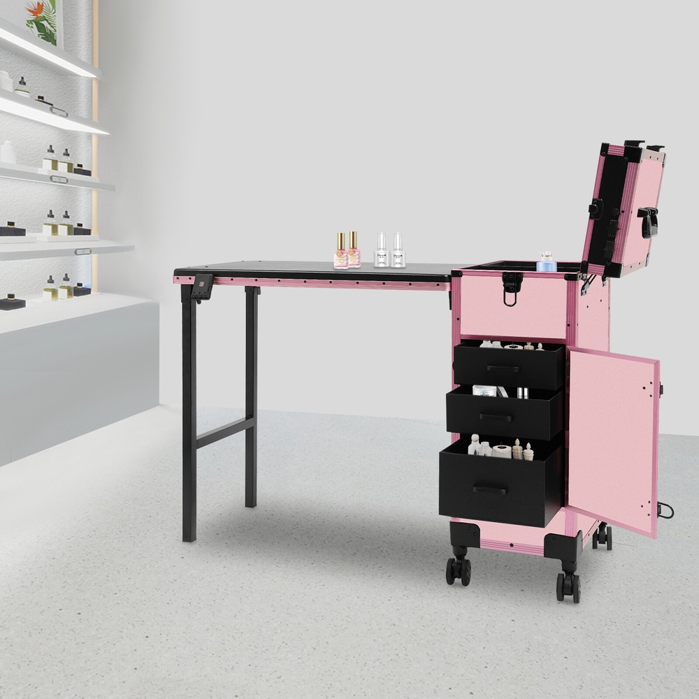 Rolling Makeup Case With Mirror Light Bluetooth Speaker Black Pink Lockable