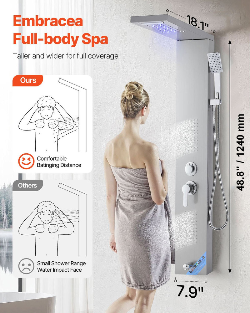 Shower Panel Tower System Stainless Steel Column Rainfall Waterfall Head 5 Modes