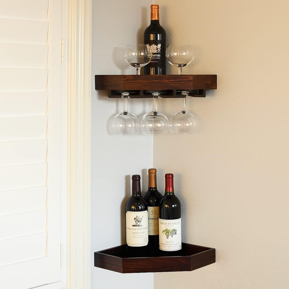 Wall Mounted Corner Wine Rack -2 Pack Wooden Rustic Floating Corner Wine Holder