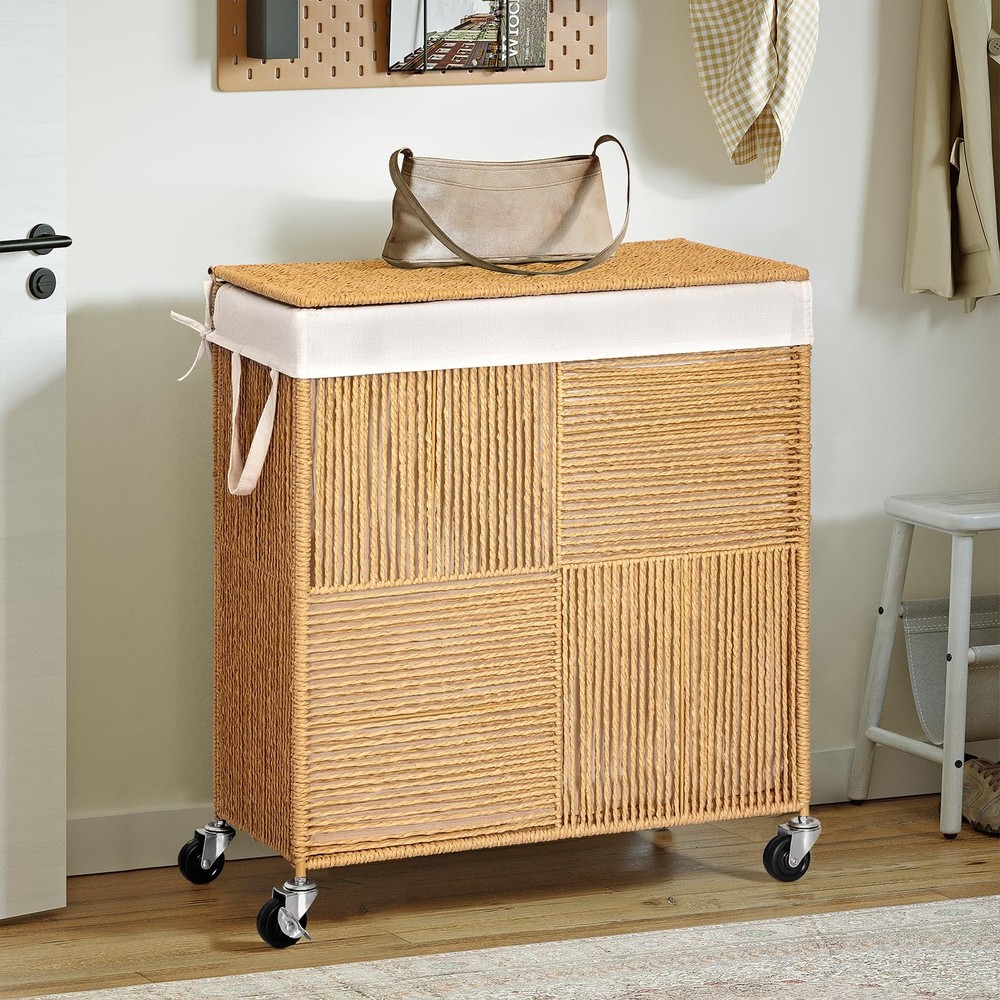 Double Laundry Hamper with Lid, Handwoven Rolling Laundry Basket with Wheels,...