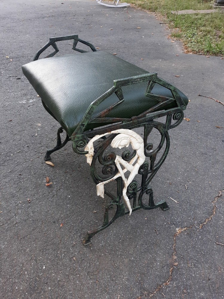 Art Deco Cast Iron And Leather Bench Stool