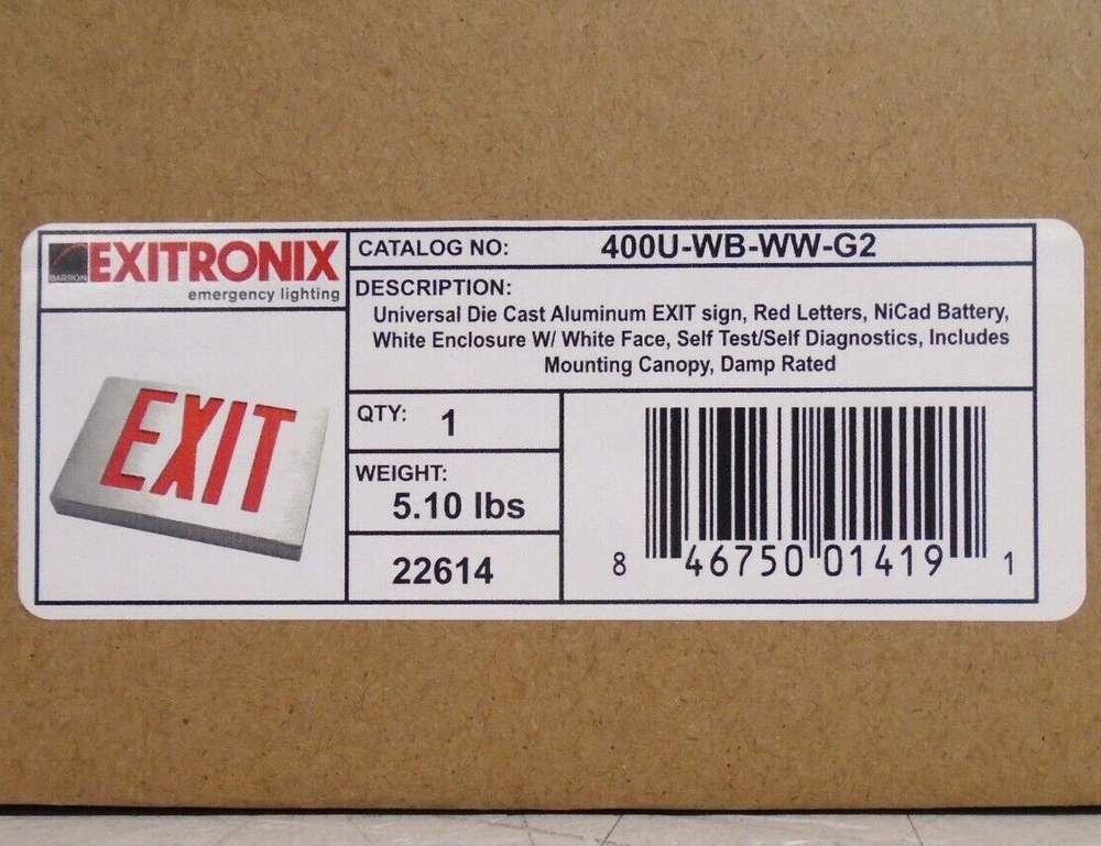 NEW Exitronix Emergency Lighting Exit Sign | 22614 | 400U-WB-WW-G2 | Red Letters