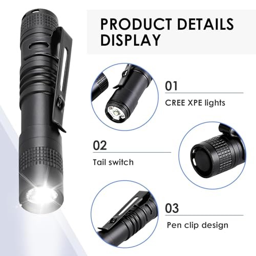 Mini Flashlight, AAA Small Pen Light with Clip, Portable 3.5" Black 3 Pack