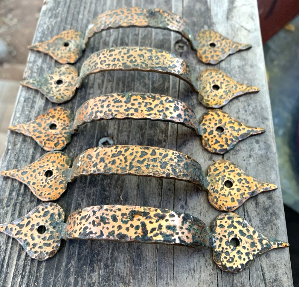 Hammered Copper Drawer Pulls Handles Rustic Farmhouse Style Set-5 with Patina
