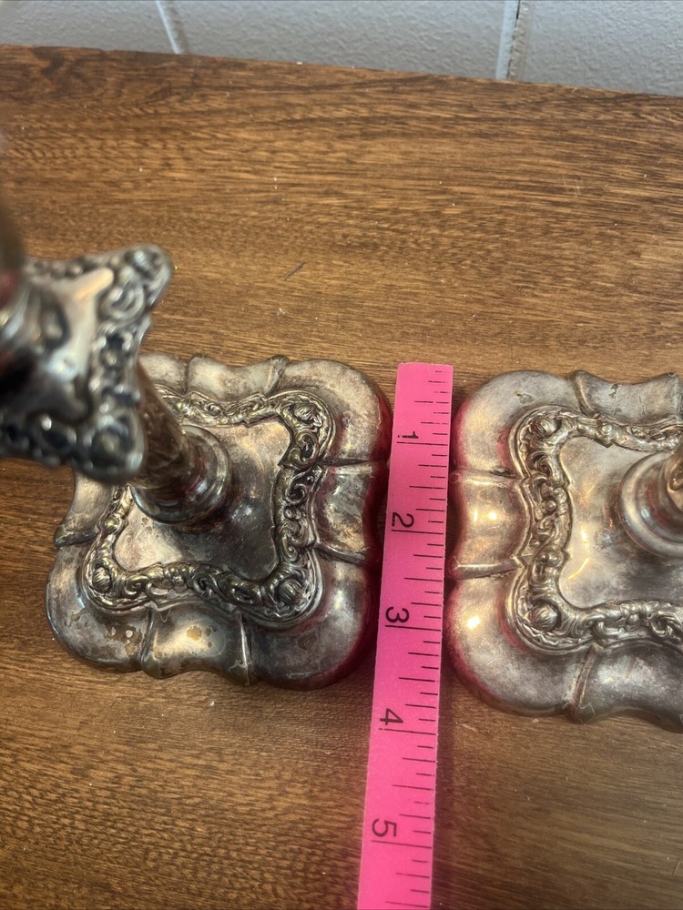 Vtg Pair Fancy Gorham Silver Plate Candlesticks with Inserts 7" 4x4” Base