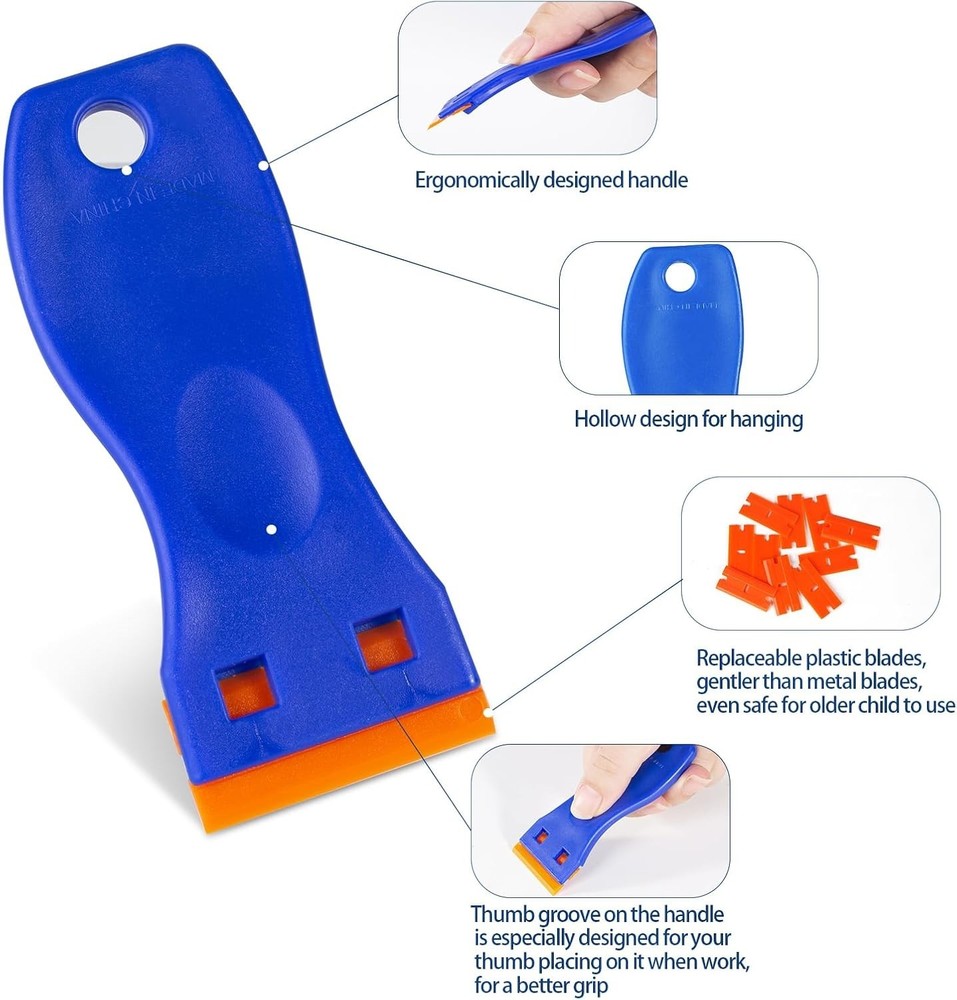 Child-Safe 6-Pc Plastic Scraper Set with 60 Plastic Blades for Easy Cleaning
