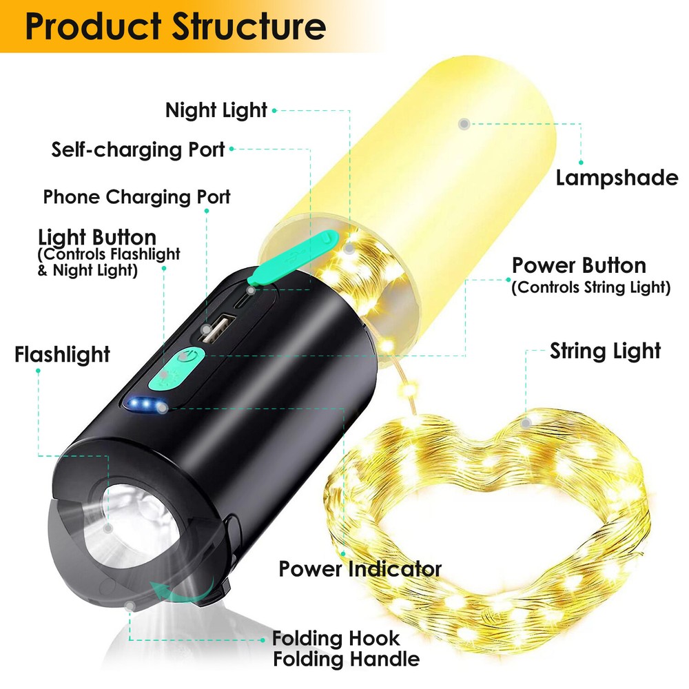 Camping Lantern With 33Ft String Lights Rechargeable Flashlight 4000mAh Charger