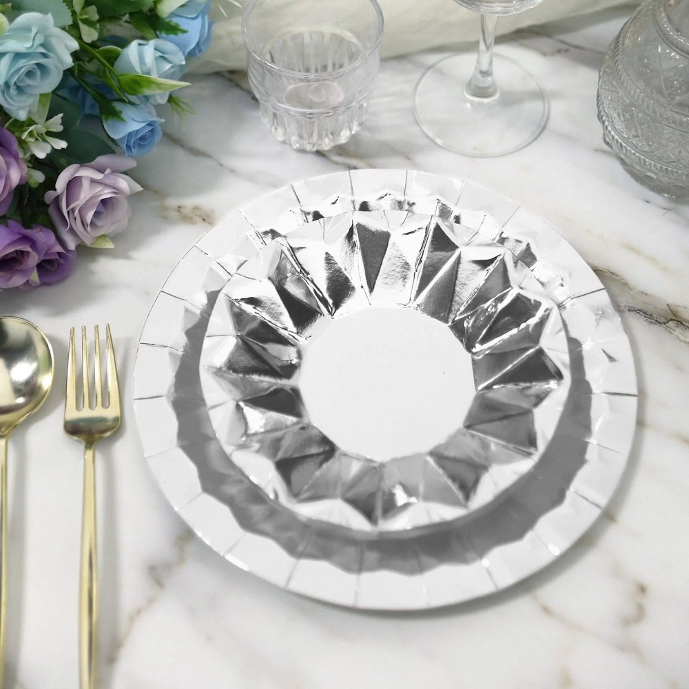 25 SILVER 9" Metallic Round Paper Salad Dinner Plates Geometric Design Tableware
