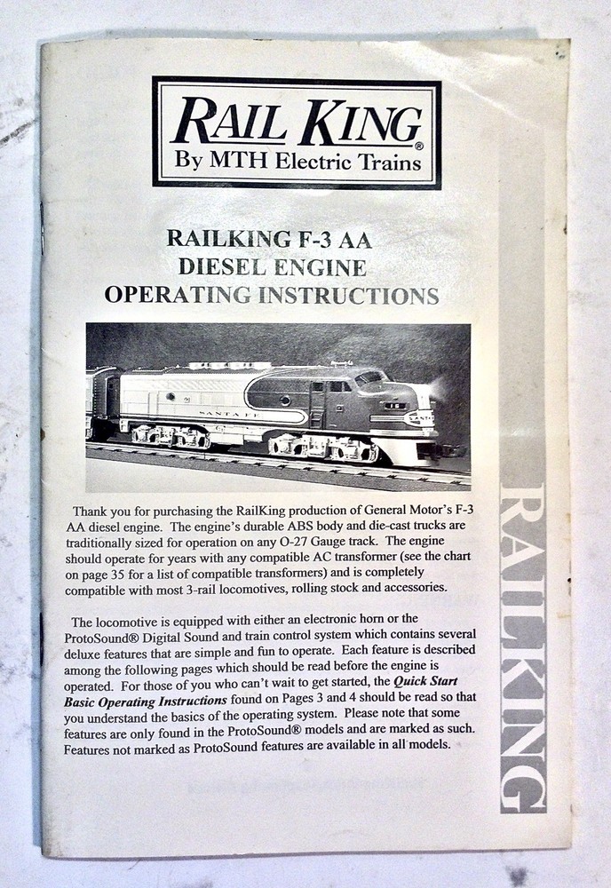 MTH RAIL KING F-3AA TRAIN DIESEL ENGINE OPERATING INSTRUCTION BOOK +