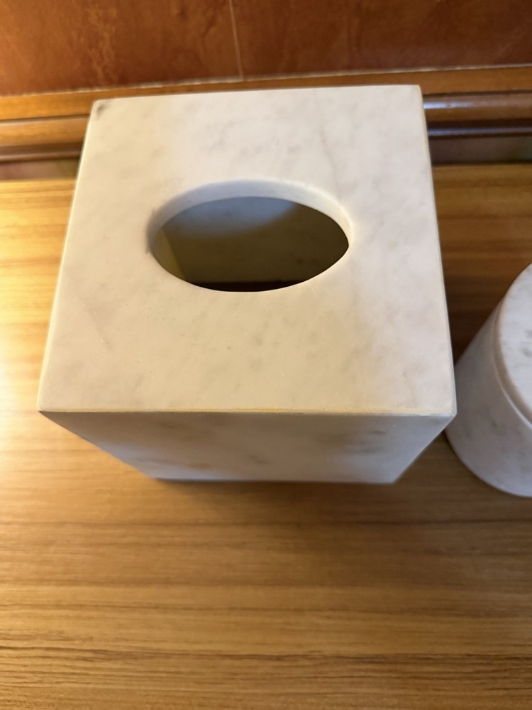 Brand New Solid Carrara Marble Tissue Box Cover & Matching Lidded Jar-READ