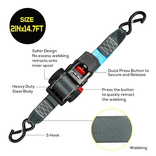 ANLULOAD 2 Pack Retractable Ratchet Straps (2in x 14.7ft),Cargo Strap 2*14.7
