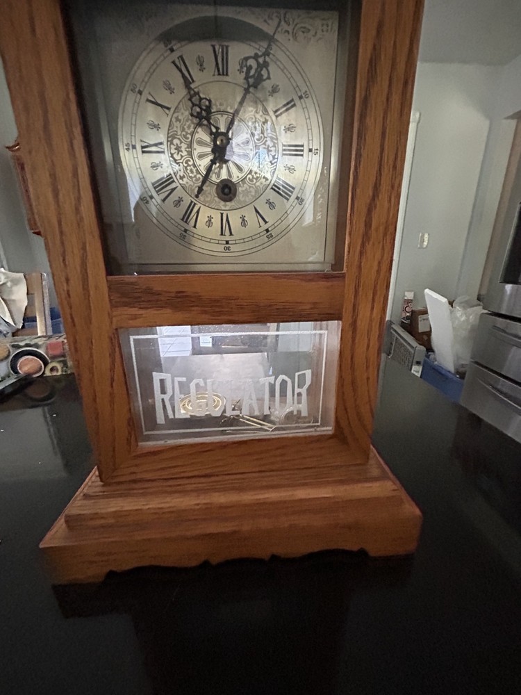 Vintage Oak Regulator Wall Clock Brass Eagle Finial Key Wind