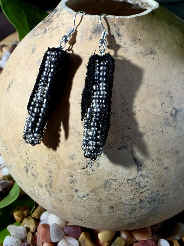 Handmade Black /Silver Corn Beaded earrings (black husk)