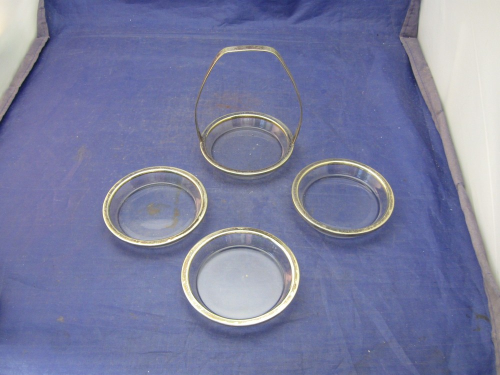 Antique Glass & Silverplate Coaster Set - 3 Coasters & One holder