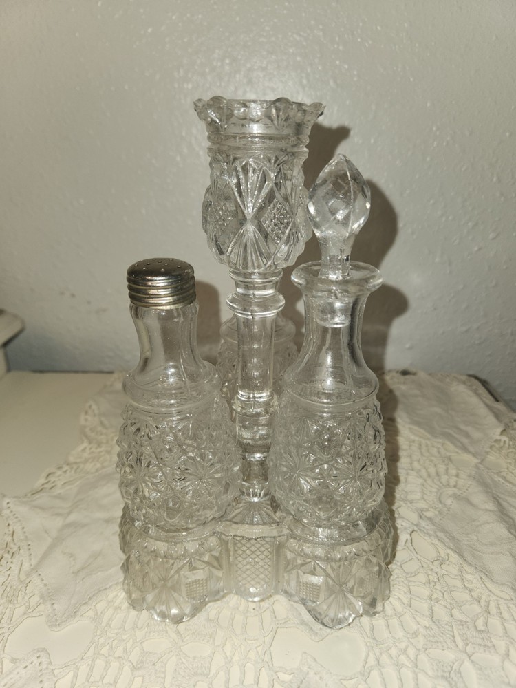 Antique EAPG Daisy and Button Condiment Set with Tray