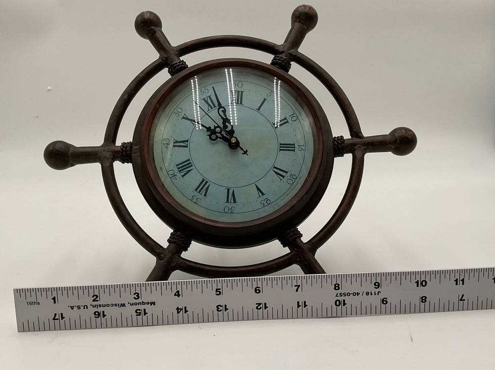 Nautical Ship Wheel-Style Clock Rustic Maritime Tabletop Decor *AS IS*