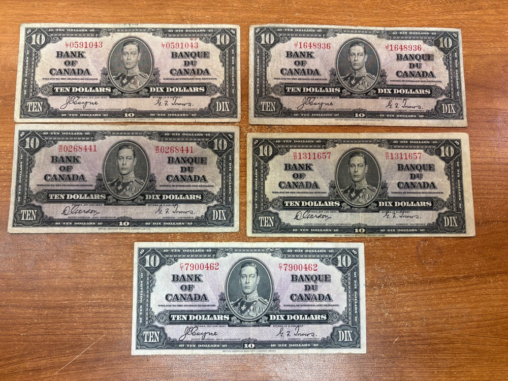 Canada 1937 $10 bank note lot 5 note