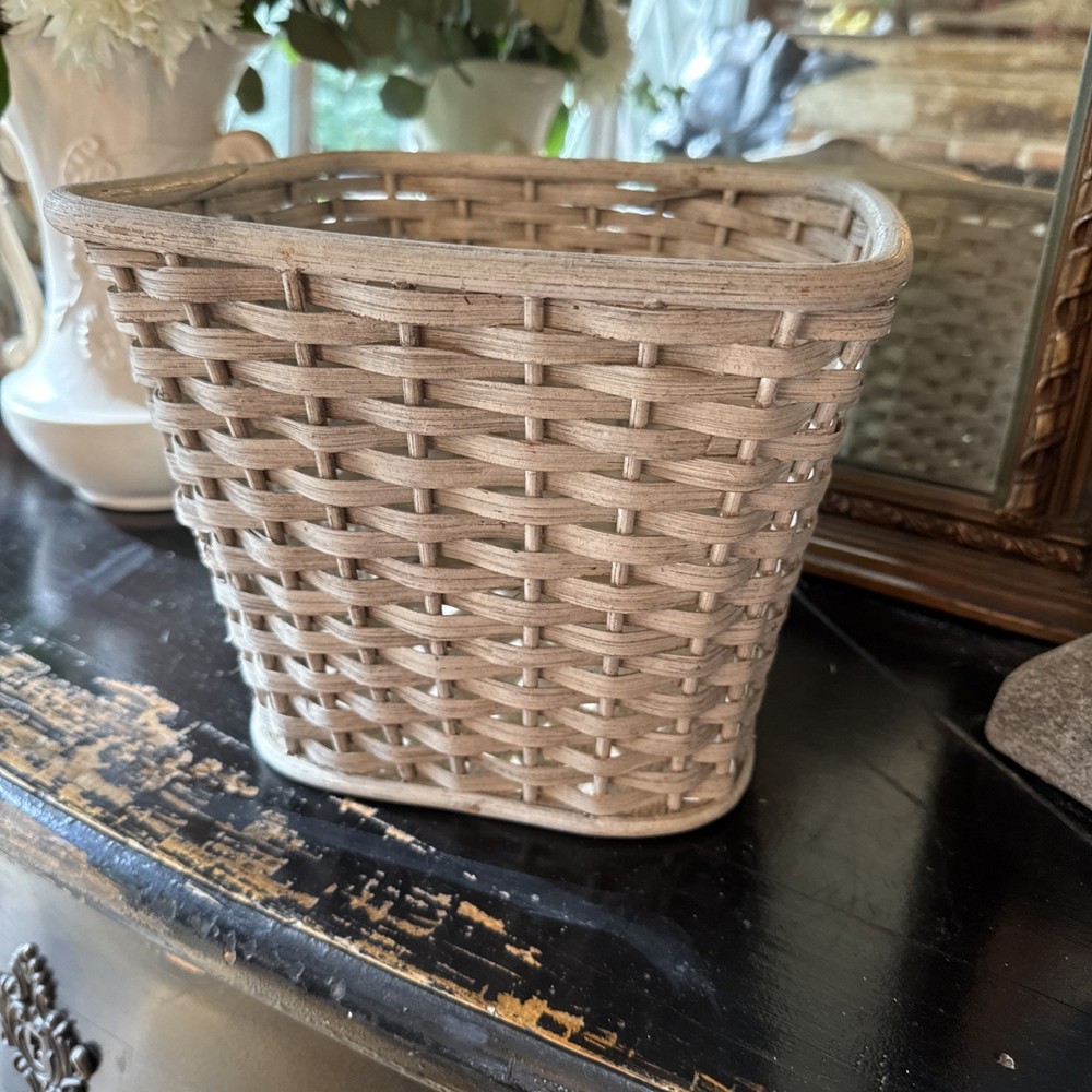 Vintage Boho Chic White Wicker Square Basket