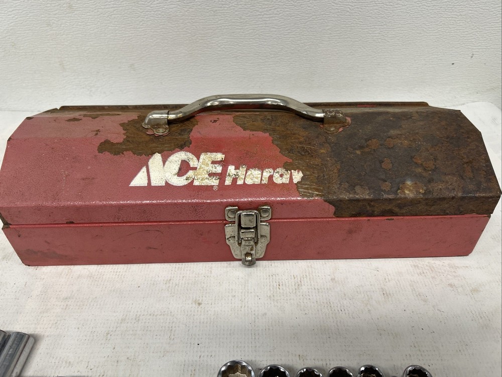 Vintage Ace Hardware Lot Tool Box And Various Socket In Good Working Condition